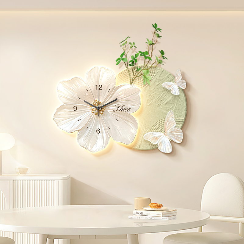 奶油风餐厅挂钟装饰画客厅电视背景墙挂画带钟表蝴蝶花卉创意时钟图片