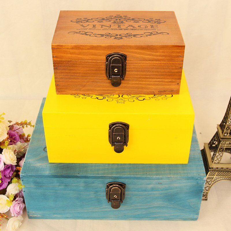 日式复古实木小号桌面首饰带锁木盒子收纳盒收纳箱木质储物盒