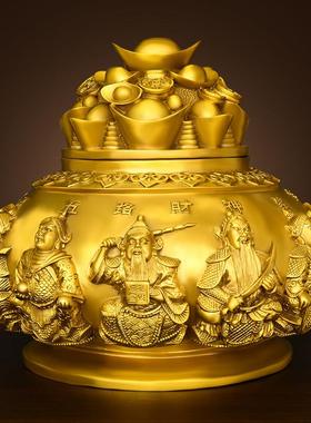 纯黄铜开盖聚宝盆摆件大五路财神带盖金蟾存钱罐家居店铺公司开业