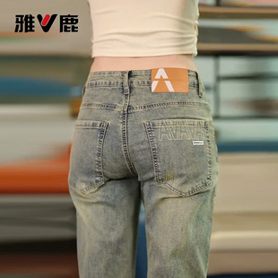雅鹿美式复古牛仔裤男士潮流百搭痞帅休闲男裤夏季痞帅直筒九分裤