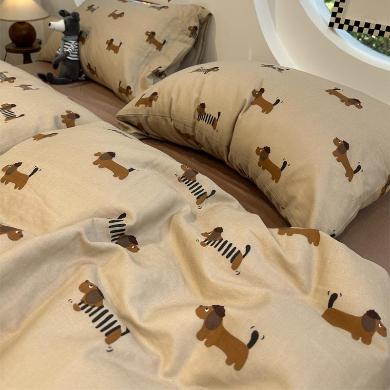 ins1风卡其色小狗双层纱床四件AMN套全m棉.51.8米母婴级被套三件