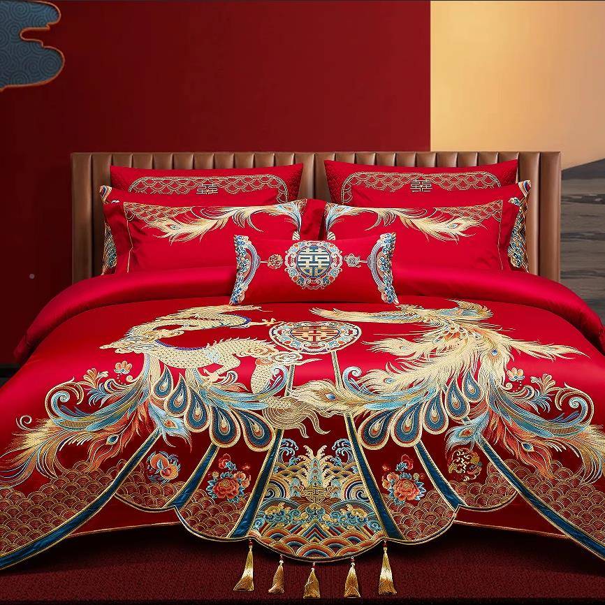 高端件婚庆四件套QAP大红色凤婚房龙喜全棉被子结婚四六十套