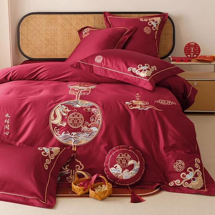 家纺婚庆单四件套全棉中式床双EUQ股刺澳棉婚绣结被套床上用品