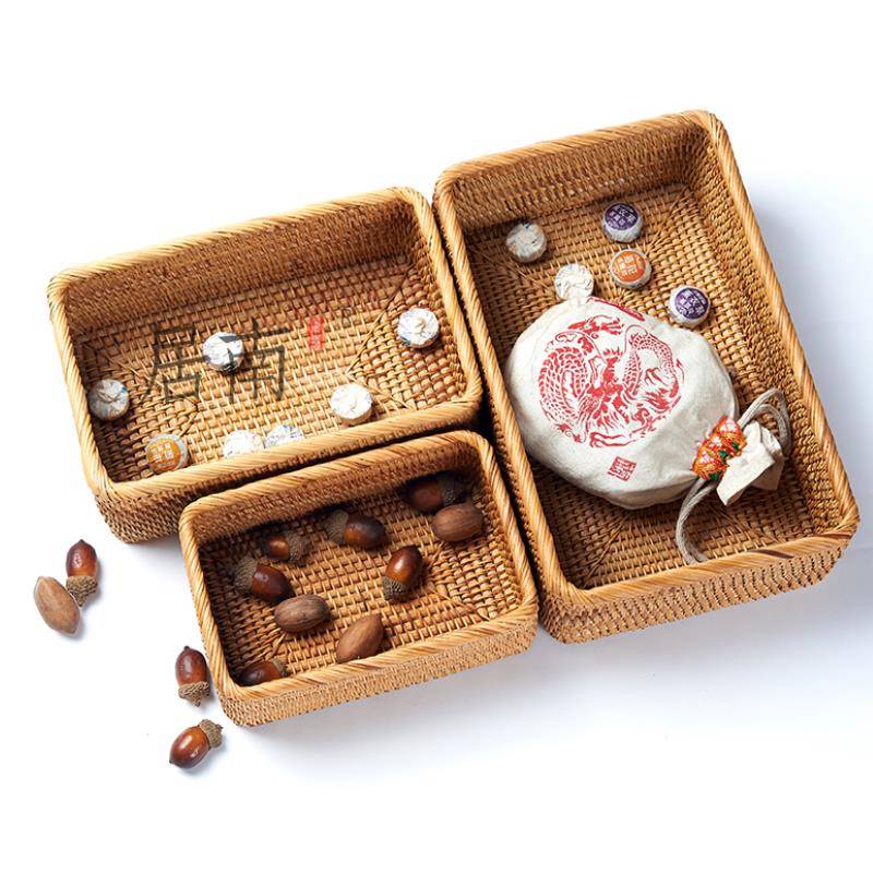 套TB013秋藤编长手小方形收纳筐三件家工用客厅收纳盒