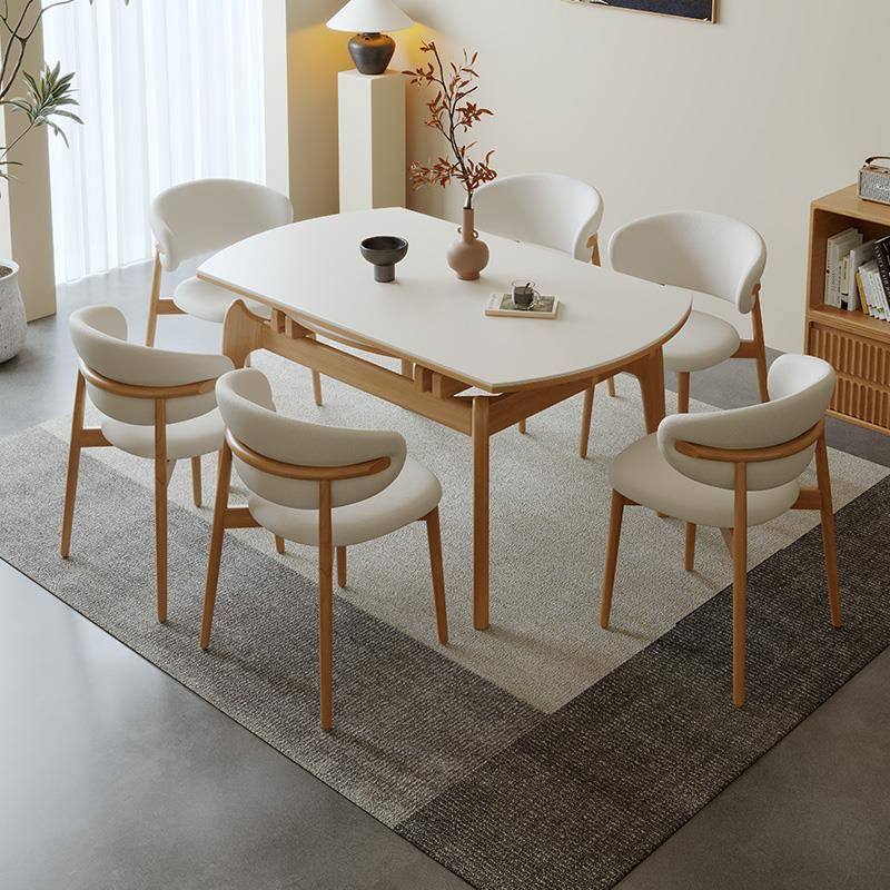 原木寂侘风可缩K171实木岩板餐伸桌可变桌方圆两用猫圆耳朵小户型