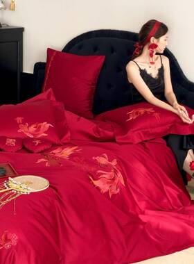全生贵子锦鲤刺绣棉庆四OWP件套红色长绒婚棉结婚被套床单1.8床早