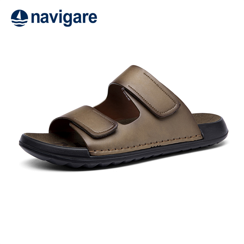 Navigare意大利小帆船复古棕色拖鞋男士外穿舒适真皮凉拖鞋2025