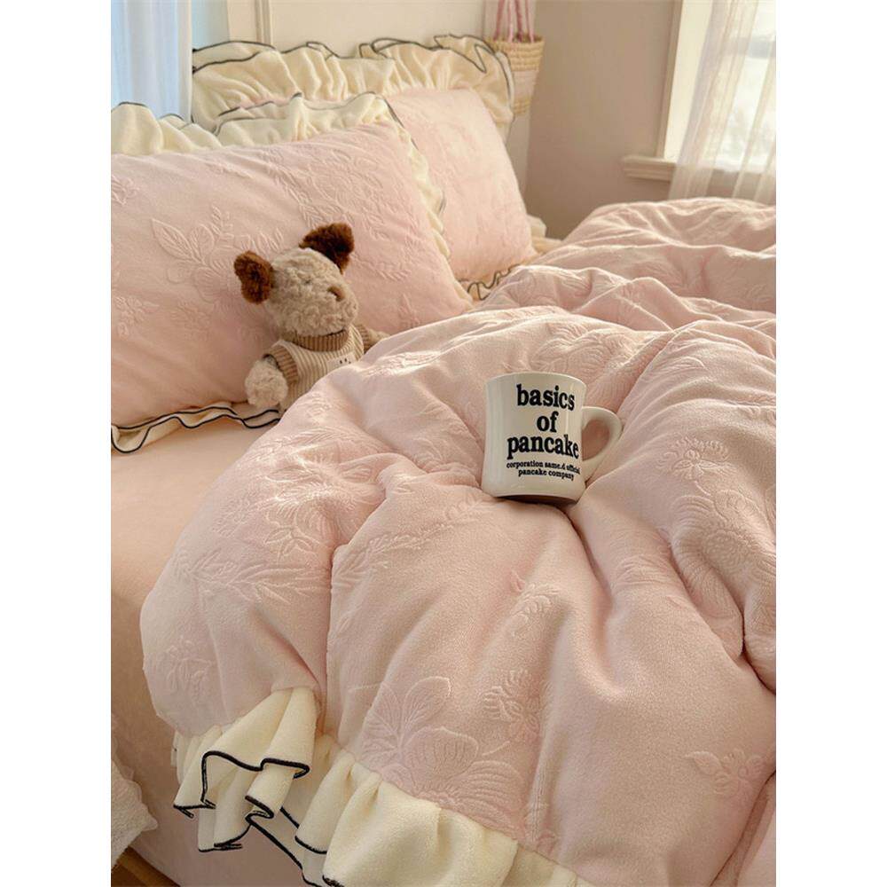 法式庄园花边牛奶绒少女心碎花粉床上四件套裸睡珊瑚绒1.5m1.8