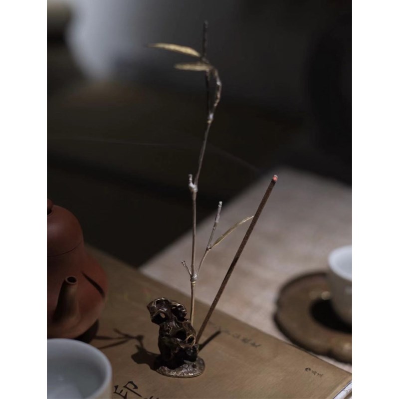 月拾伍 银竹叶香插太湖石黄铜摆件香插茶台摆件家居装饰台面饰品