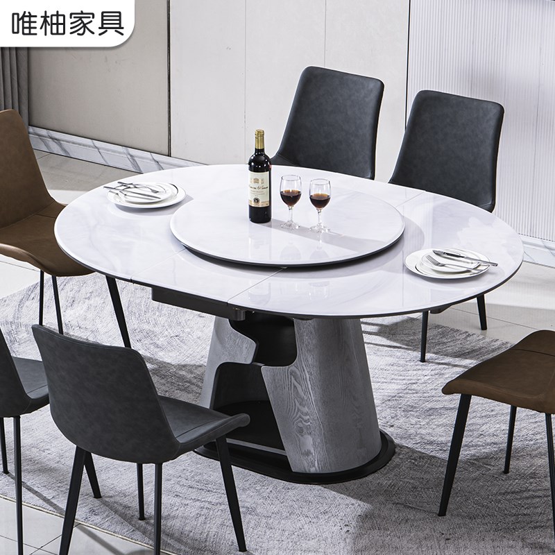 岩板餐桌带转盘22新款小户型客厅家用圆桌伸缩实木饭桌餐椅子