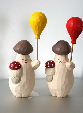 手工木雕白熊杏鲍菇公仔举气球卡通爱治愈系桌面装饰品小