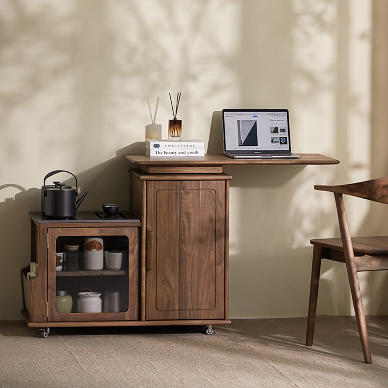 黑胡桃木移动茶车家用客厅沙发旋转E茶水柜岩板茶台阳台实木小边