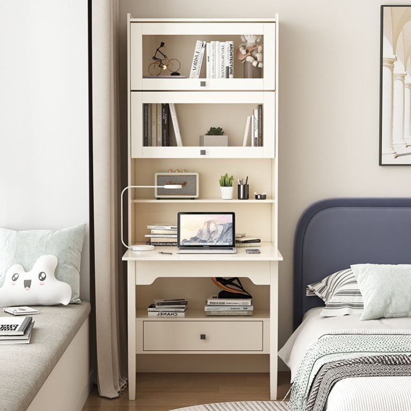 书桌书架一体摺叠连身书桌柜家用学生电脑桌卧室奶油白色书柜