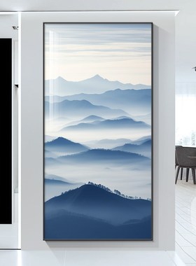 现代靠山图蓝色风景玄关装饰画水墨风意境入户门挂画竖壁画