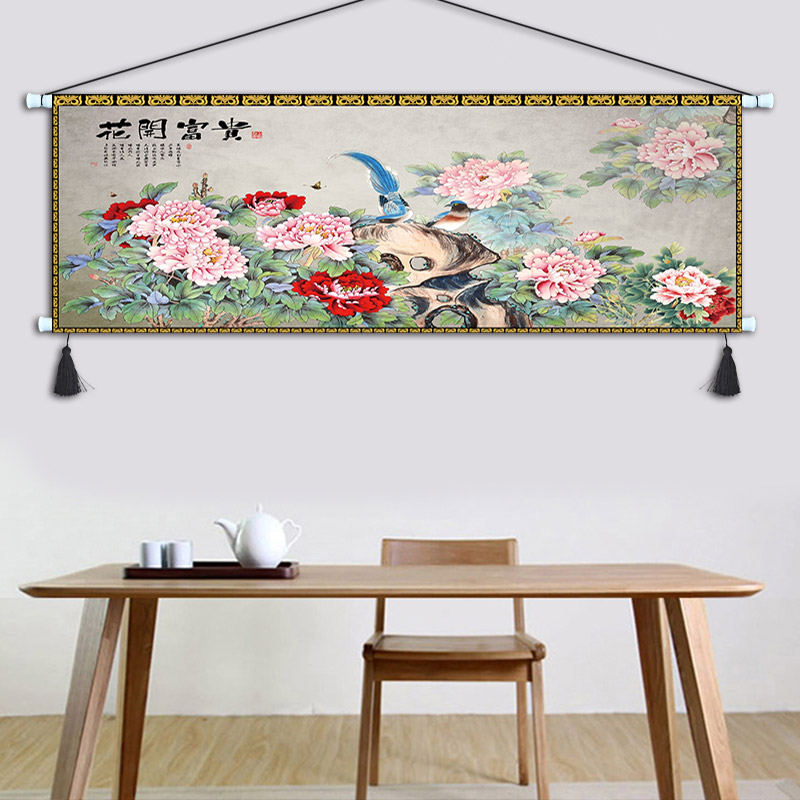 牡丹花客厅挂画布艺花开富贵挂毯A沙发背景墙装饰画新中式横幅壁图片