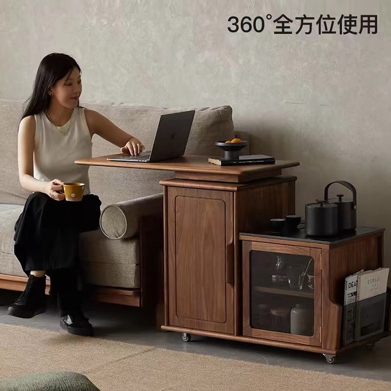 黑胡桃木移动h茶车家用客厅沙发旋转茶水柜岩板茶台阳台实木小边