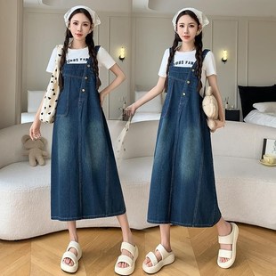 减龄加大码 简约宽L松直筒显瘦开叉牛仔裙 背带裙女2025春夏装 新款