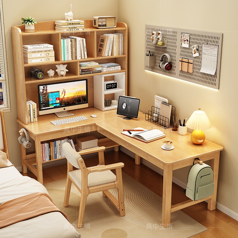 实木转角书桌书架一体桌书房办公桌靠墙拐角桌电脑桌家用学习桌子