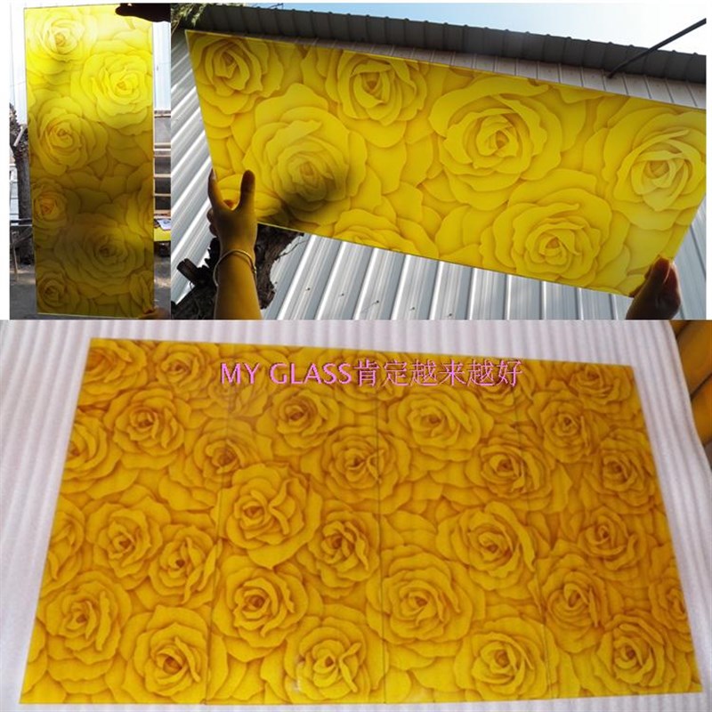 定制彩绘钢化艺术玻璃玄关隔断走廊打灯天花吊顶灯罩子金黄玫瑰花