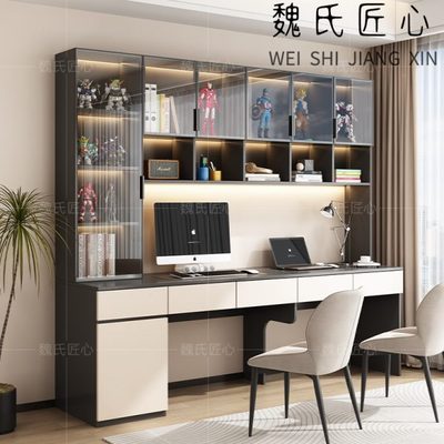 双人书桌书架一体家用学生书柜现代简约台式组合电脑办公桌学习桌