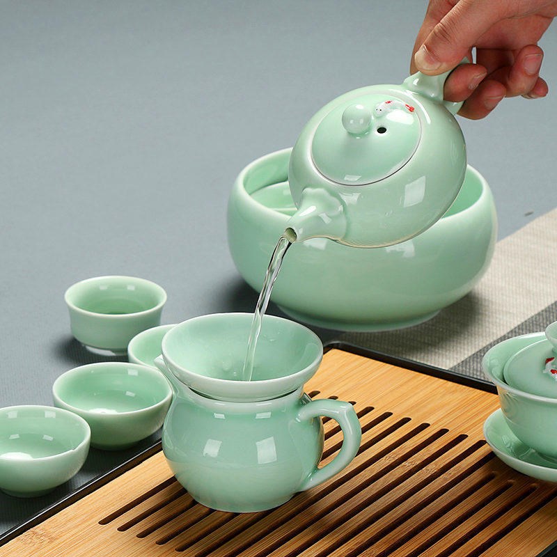 青瓷功夫茶具办公鲤鱼茶杯盖碗茶壶茶洗茶盘整