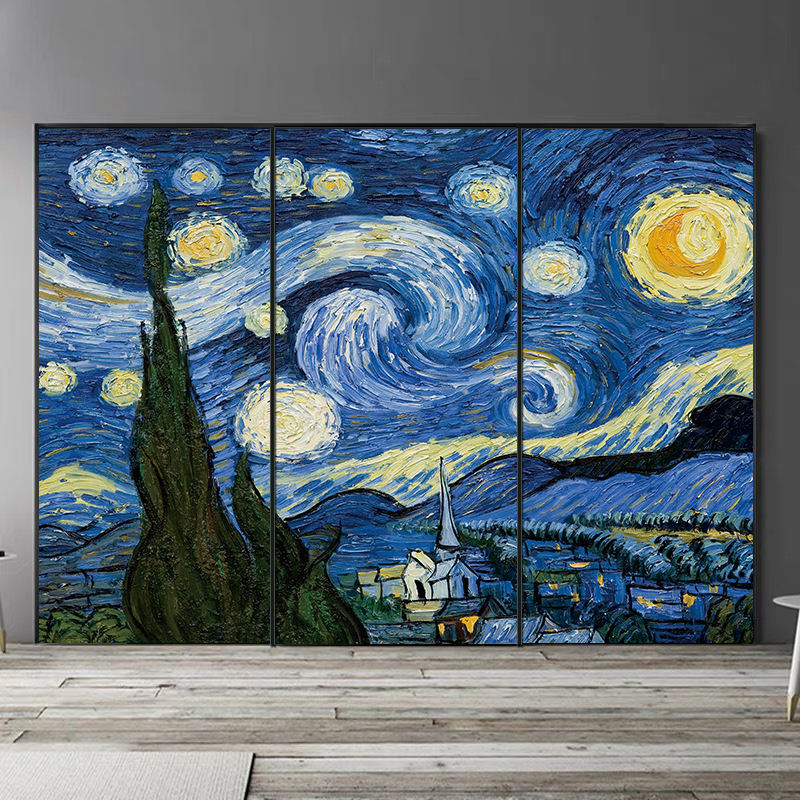 梵高星空油画名画门贴纸木门翻新自粘整张宿舍玻璃移门衣柜贴画