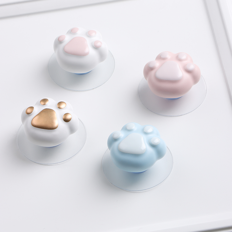 新款猫爪免打孔拉手衣柜门橱柜抽屉简约可爱陶瓷单孔免钉自粘把手