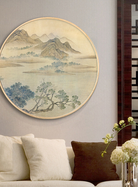 新实木圆形水墨山水鸟国画玄饰画客厅背景挂画壁画