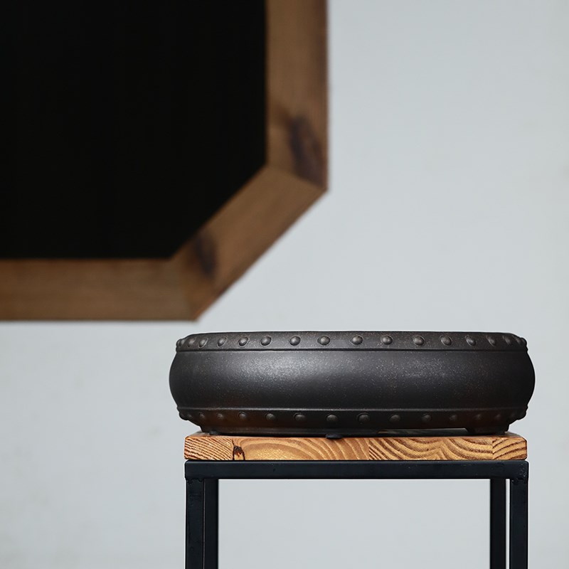 精品紫砂盆景花盆程良正古铜泥鼓钉浅圆形黄杨老桩石榴金弹子古典