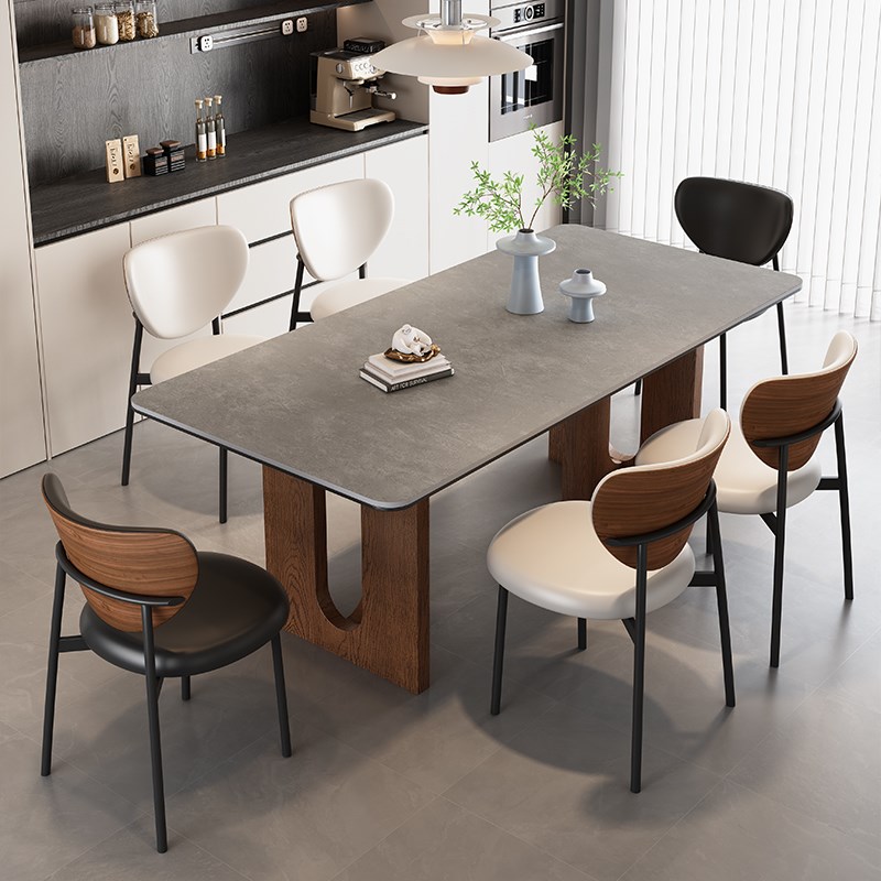 中古风实木岩板餐桌椅组合意式极简家用2025新款长方形饭桌白蜡木