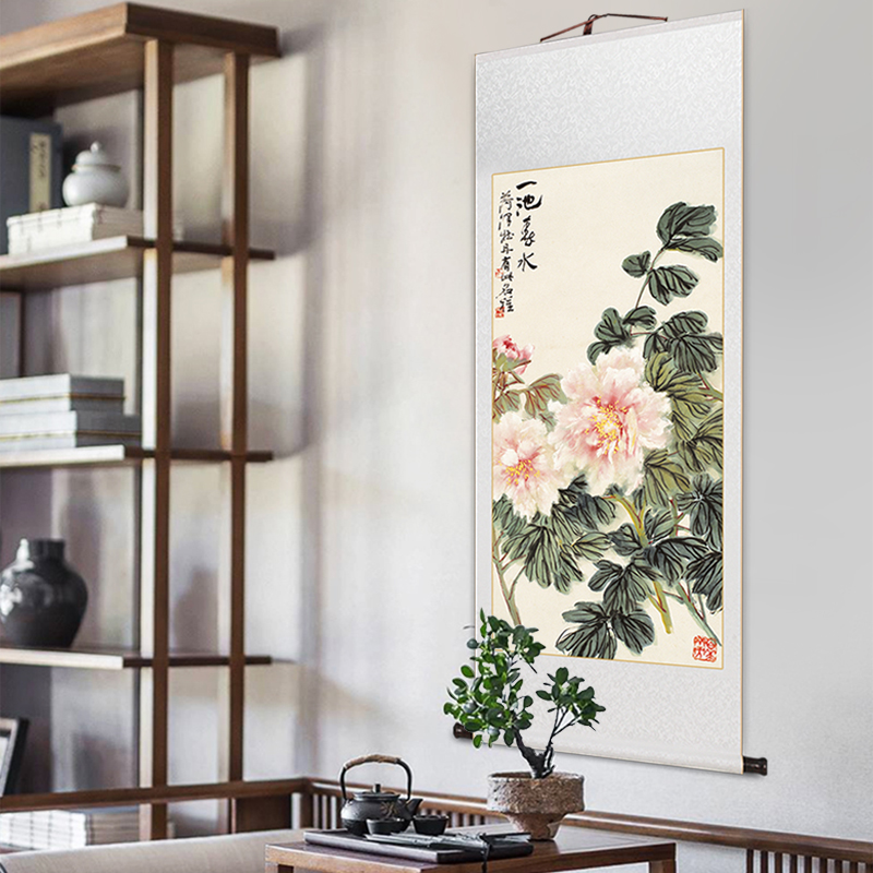名家富贵牡丹卷轴挂画中式古典花卉客厅装饰画书房茶室壁画玄关画图片