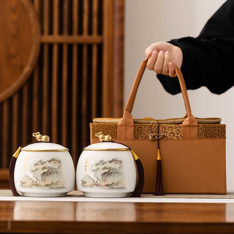 高档中式布艺茶叶包装盒空盒陶瓷罐包装通用红茶绿茶白茶普洱定制