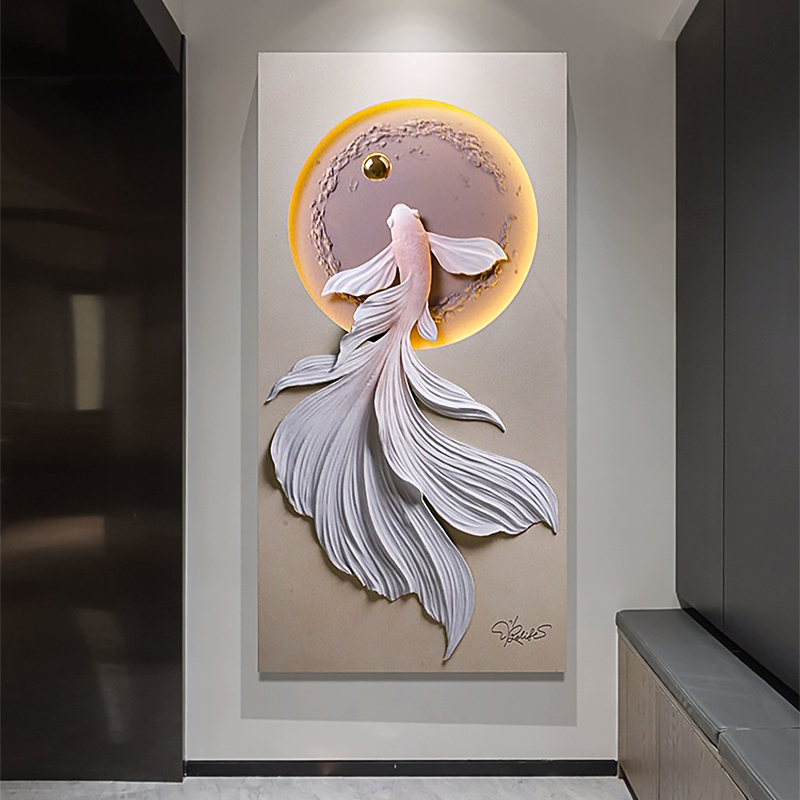 现代简约玄关走廊金鱼装饰画立体浮雕带灯高档轻奢挂画客厅灯画图片