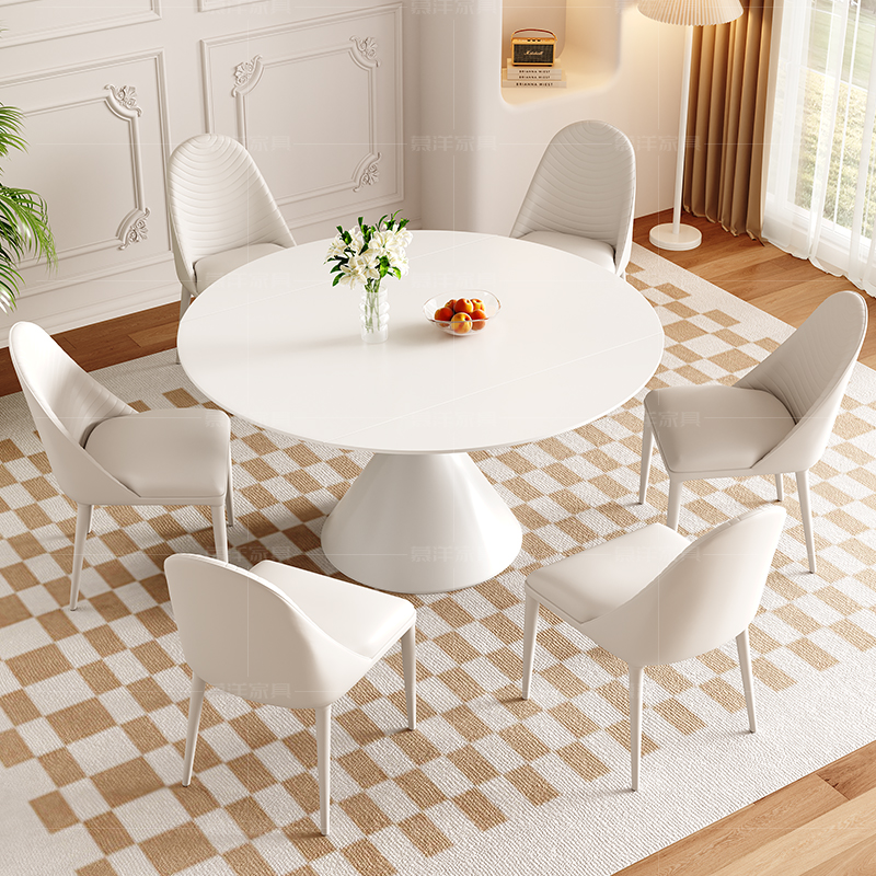 岩板餐桌椅现代家用小户型伸缩可旋转圆形饭桌法式奶油风