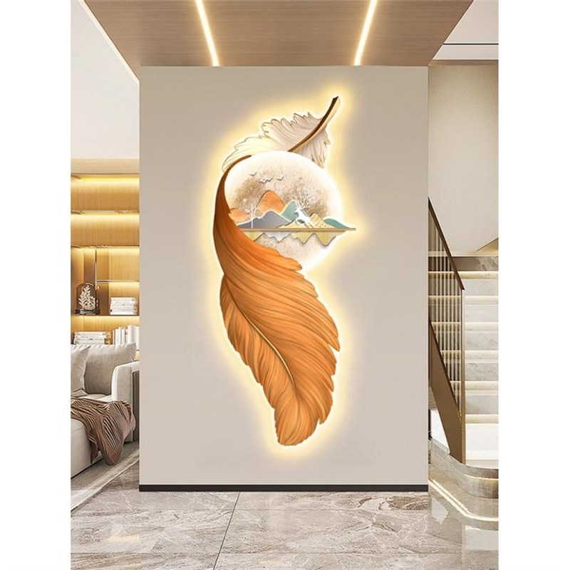 玄关装饰画LED发光画楼道走廊灯画F羽毛晶瓷画轻奢氛围感卧室挂画