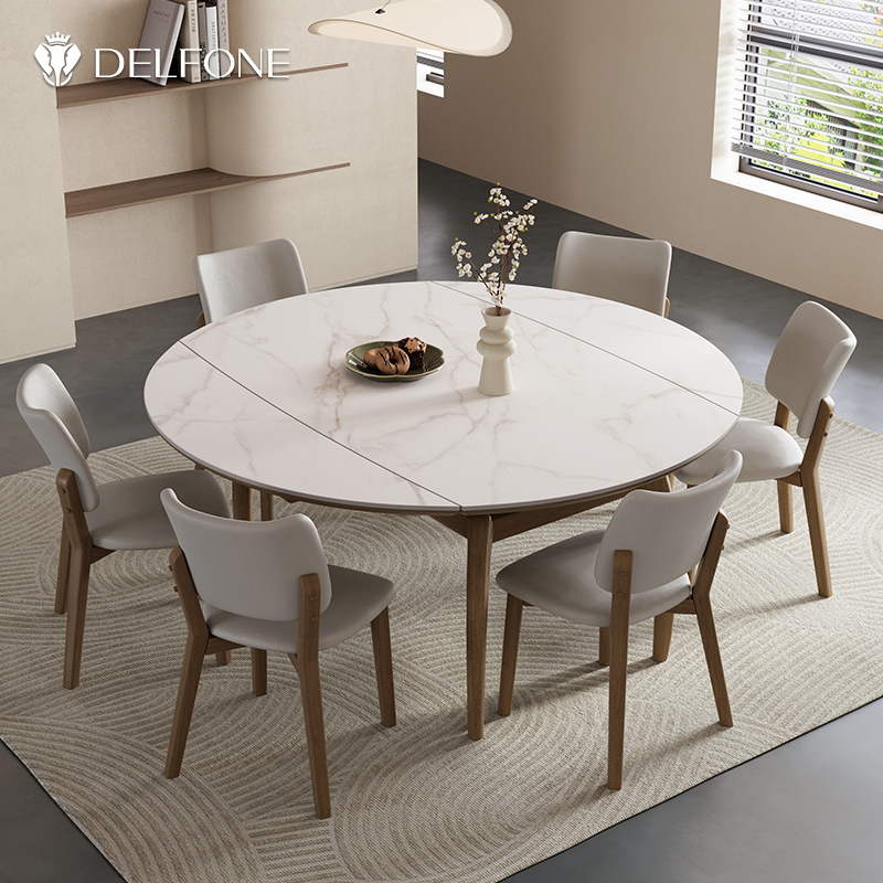 德利丰实木岩板伸缩餐桌可变圆桌家用小户型侘寂风方圆两用饭桌