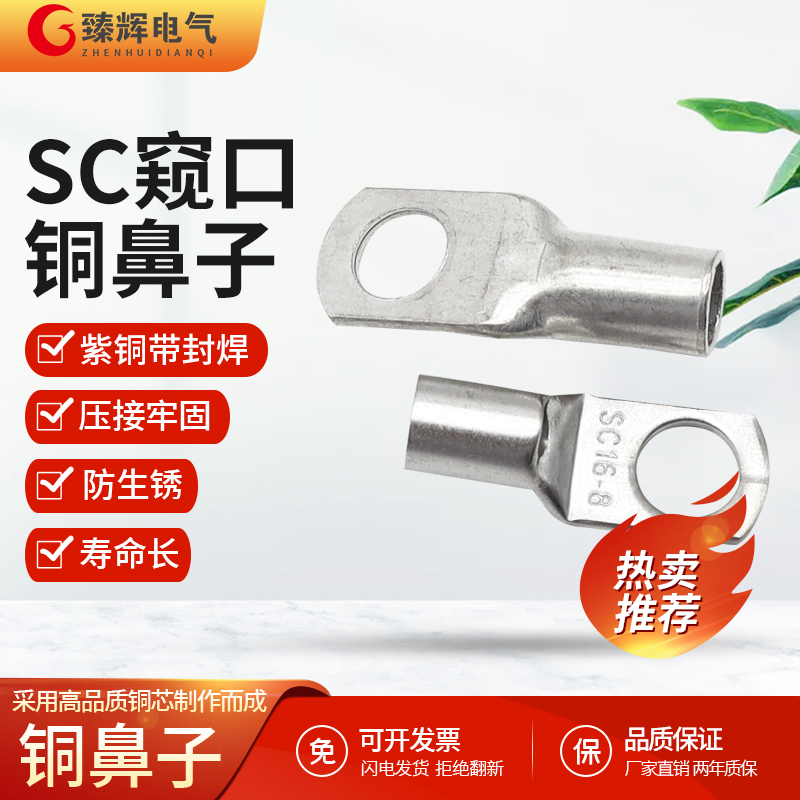 冷压SC窥口紫铜镀锡线鼻子sc6-5/8/10/16/35/50/70接线端子铜鼻子