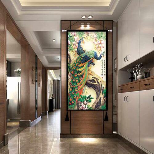 孔雀招财开运布画客厅玄关酒店背景墙挂毯布艺装饰挂画床头无框画
