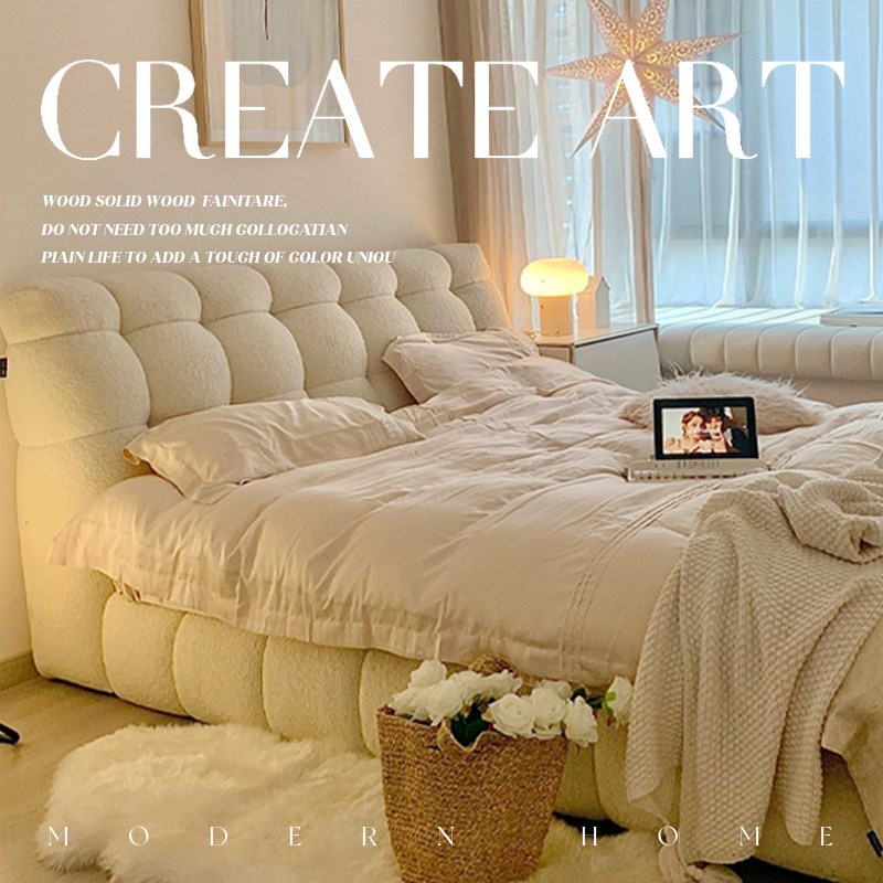 法式棉花糖布艺床现代简约白色主卧大床羊羔绒实木双W人床轻奢婚