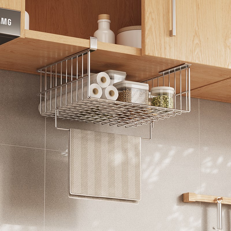 304不锈钢厨房橱柜下方置物架免打孔G下挂架悬挂分层架抹布收纳架