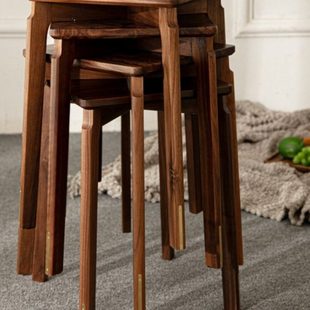 北美黑胡桃木实木高凳家用可叠放客厅原木色餐桌凳带铜脚不带铜脚