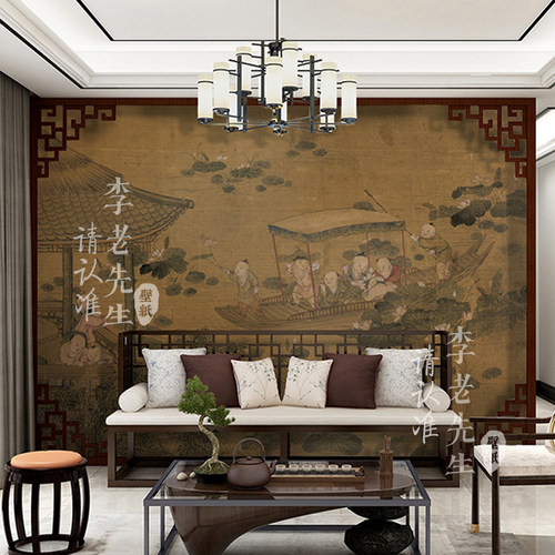 孩童嬉戏玩耍壁纸复古国风墙纸客厅酒店饭店包厢定制壁画摄影拍照
