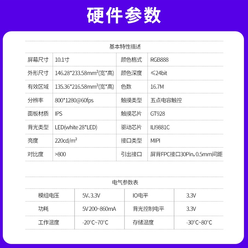 野火10.1寸电容屏0* MIPI接口5点触控 颜色深度2位 RGB