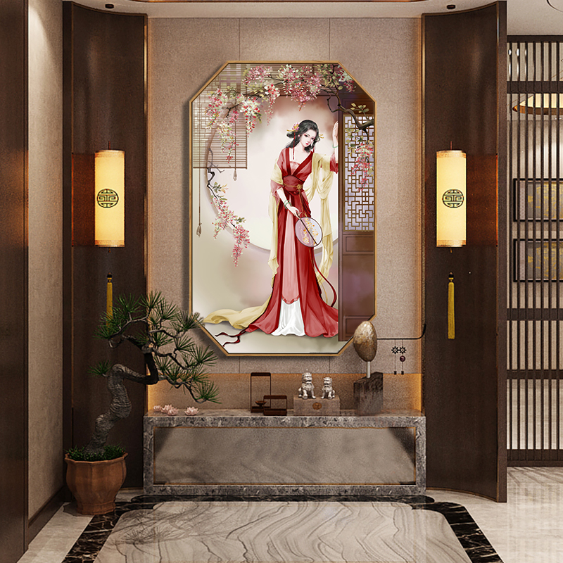 国潮人物装饰画中国风美女挂画玄关背景墙画采耳店美容院古风壁画图片