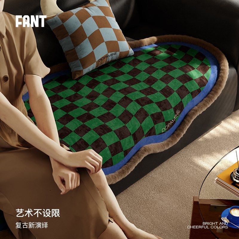 午后柏林复古格子冬款毛绒边沙发垫加厚一片式异形直排坐垫子防滑