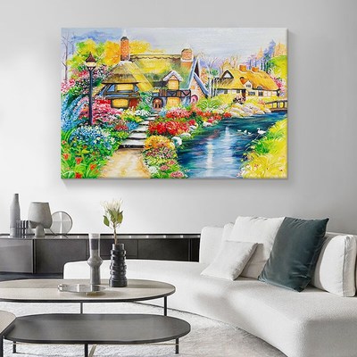 小桥流水人家挂画客厅乡村田园风景手绘油画玄关大芬村花装饰壁画