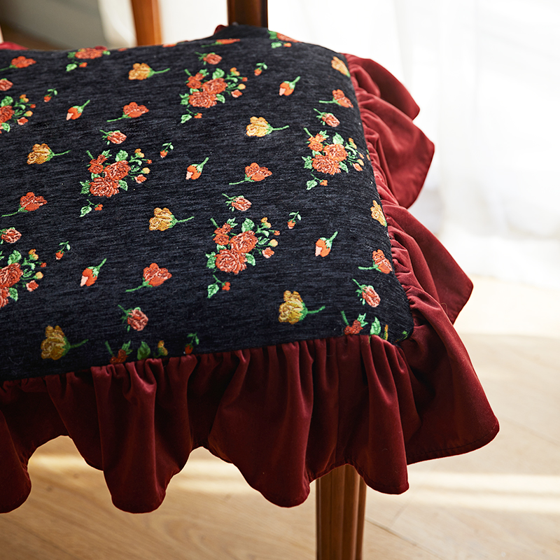 法式田园风碎花餐椅垫复古刺绣棉麻家用坐垫高档荷叶边防滑椅子垫