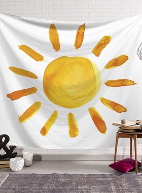 黄色太阳挂布小清新少女房间背景布字母宿舍门帘笑脸励志桌布挂毯