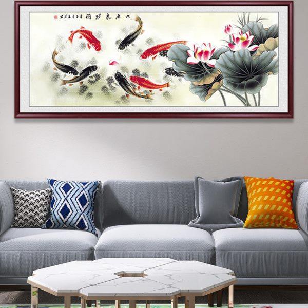 九鱼图客厅挂画新中式荷花壁画年年有余餐厅装饰画水墨画国画壁画,家居饰品,国画,淘宝优惠券,粉丝福利购,淘宝优惠卷