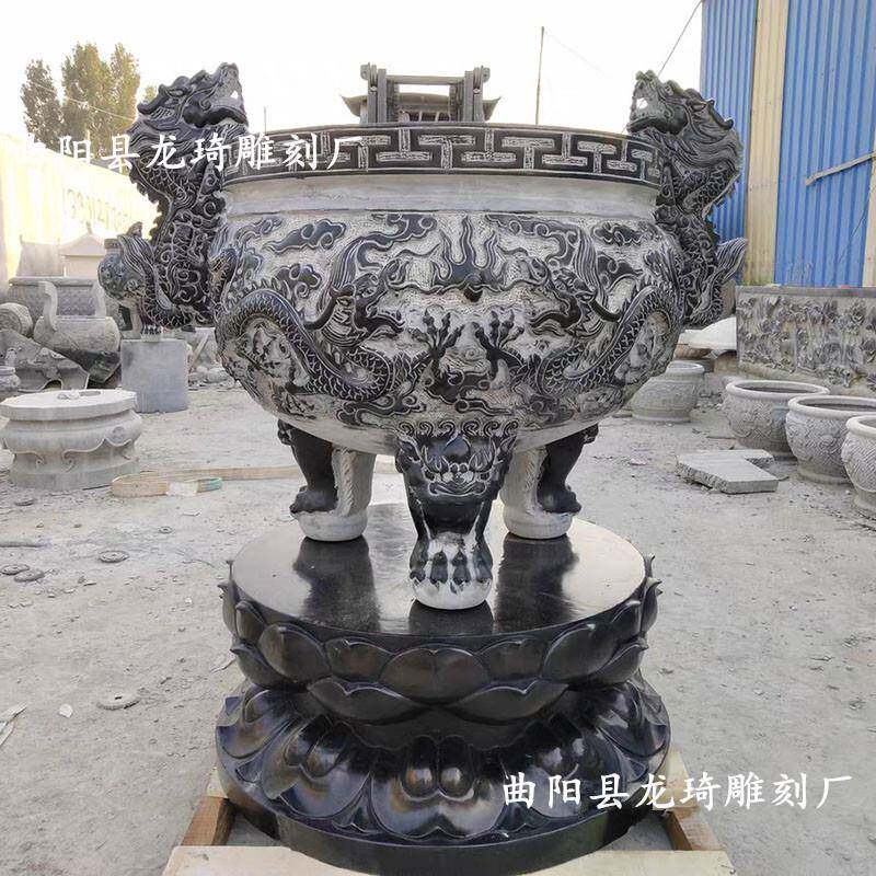 石雕香炉寺庙祠堂供奉香炉圆形双龙戏珠雕刻青石花岗岩烧香鼎摆件